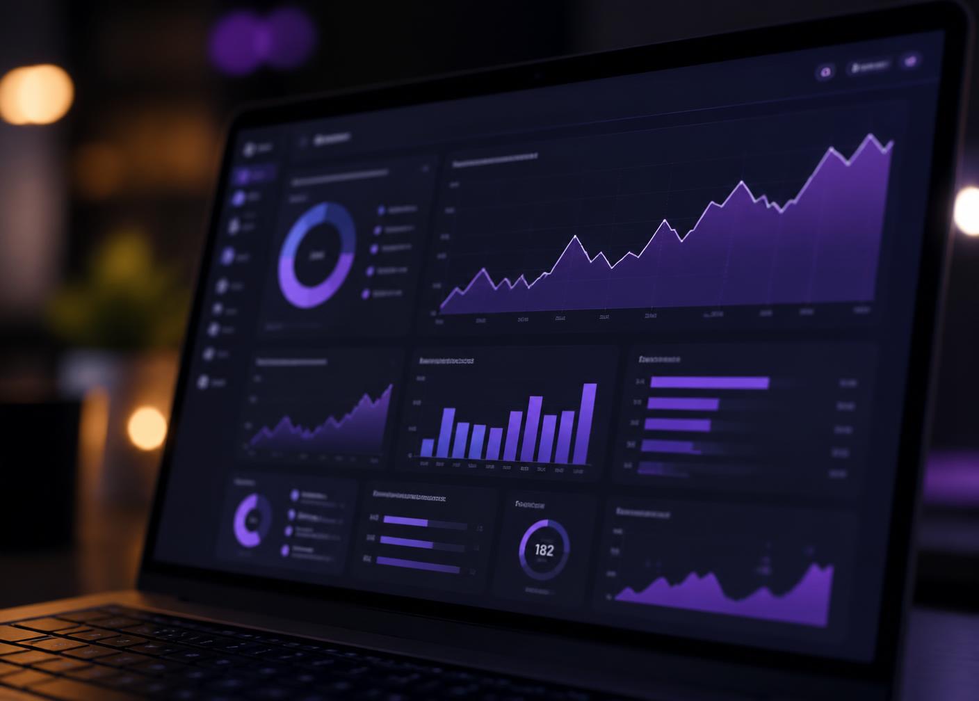 Marketing analytics dashboard showing growth curves and channel performance