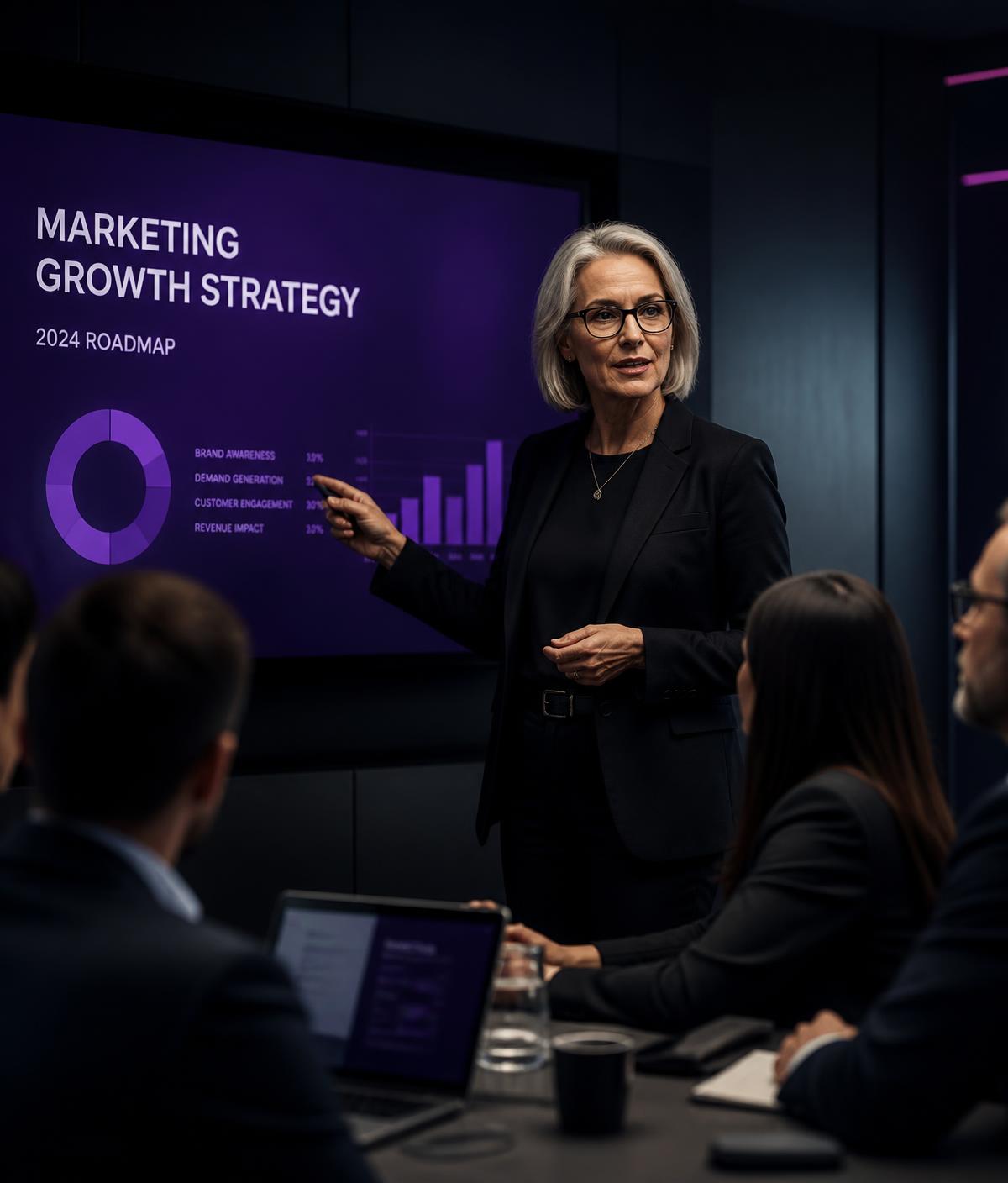 Fractional CMO presenting a marketing growth roadmap to a leadership team