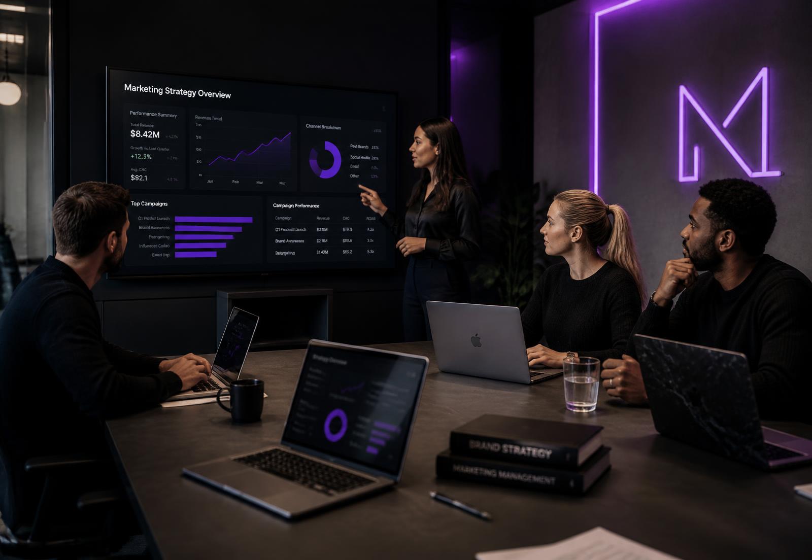 PIVET marketing strategists reviewing a live campaign performance dashboard